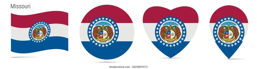 Missouri US state waving flag, round circle sticker badge, heart shaped icon, map pin. Flag buttons of different shapes. Vector illustration isolated on white.