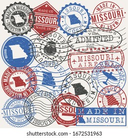 Missouri, USA Set of Stamps. Travel Passport Stamps. Made In Product. Design Seals in Old Style Insignia. Icon Clip Art Vector Collection.