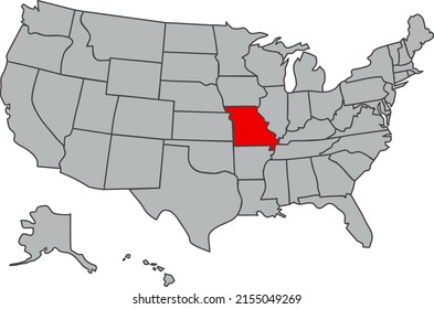 Missouri vector illustration in gray color. United States of America map. Highlighted in red territory of the US. Contours of the USA. Web, poster, study, articles, economy, geography, demography