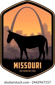 Etiqueta vectorial de Misuri con la mula de Misuri cerca del Parque Nacional Gateway Arch