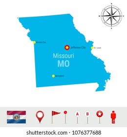 Missouri Vector Map Isolated on White Background. High Detailed Silhouette of Missouri State. Vector Flag of Missouri. 3D Map Markers or Pointers, Navigation Elements. Rose of Wind or Compass Icon