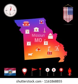 Missouri Vector Map, Night View. Compass Icon, Map Navigation Elements. Pennant Flag of the United States. Vector Flag of Missouri. Various Industries, Economic Geography Icons.