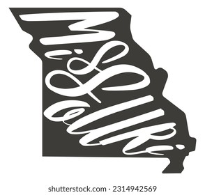 Misuri. Estado de silueta vectorial. Mapa de Missouri con guión de texto. Mapa de estado de forma de Missouri para afiches, pancartas, camisetas, tee. Esquema vectorial Isolación ilustrativa sobre un fondo blanco.