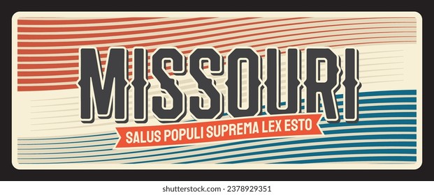 Missouri vintage travel plate, Salus populi suprema lex esto motto quote lettering. Vector USA state symbol of American tourism, retro billboard. Jefferson capital, Kansas City St. Louise