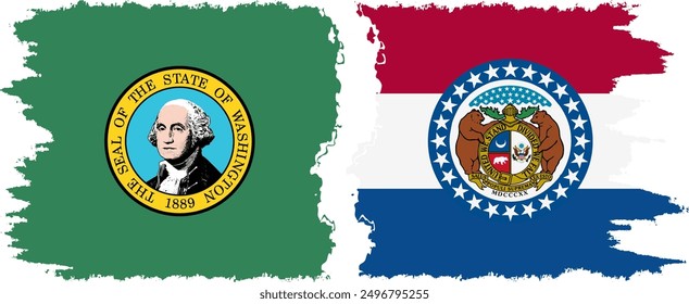 Missouri and Washington states grunge brush flags connection, vector