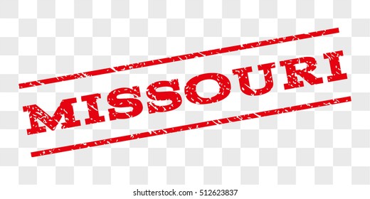 Missouri watermark stamp. Text caption between parallel lines with grunge design style. Rubber seal stamp with dust texture. Vector red color ink imprint on a chess transparent background.