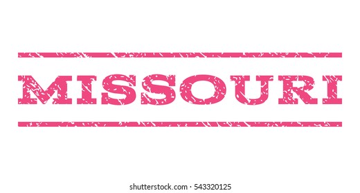 Missouri watermark stamp. Text caption between horizontal parallel lines with grunge design style. Rubber seal stamp with unclean texture. Vector pink color ink imprint on a white background.