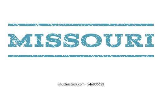 Missouri watermark stamp. Text tag between horizontal parallel lines with grunge design style. Rubber seal stamp with scratched texture. Vector cyan color ink imprint on a white background.
