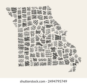 Missouri Word Cloud. State with counties division. Missouri typographic text clouds vector image design. Vintage gazette style state shape image. Amazing vector illustration.