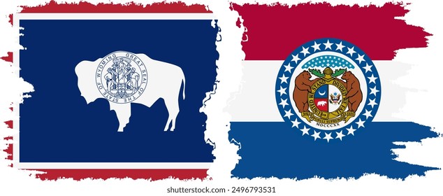 Missouri and Wyoming states grunge brush flags connection, vector