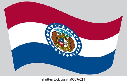 Missourian official flag, symbol. American patriotic element. USA banner. United States of America background. Flag of the US state of Missouri waving on gray background, vector