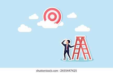 Missteps lead to business setbacks, missed objectives, and dashed hopes on distant goals, concept of A despairing businessman with a ladder too short to reach the target