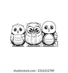 missy bw line art cartoon of five cute owl inkwells coloring book