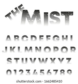 Die Vorlage für das nebelige Alphabet. Buchstaben und Zahlen mit Grunge Textur. Vektorillustration.