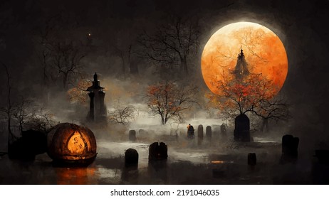 The mist in graveyard and giant red moon. Halloween pumkin in graveyard.