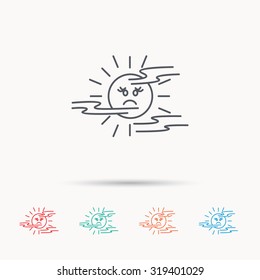 Mist icon. Fog with sun sign. Sunny smile symbol. Linear icons on white background. Vector