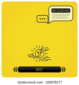 Mist icon. Fog with sun sign. Sunny smile symbol. Chat speech bubbles. Orange line background. Vector