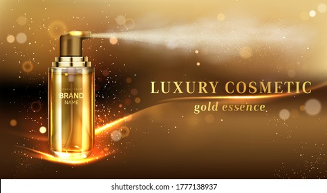 Frasco cosmético de pulverización húmeda y pancarta. Tubo cosmético de oro sobre un elegante fondo borroso con brillo dorado y olas de luz, esencia, producto de cuidado de la piel de belleza, anuncios vectores 3d realistas afiche promocional