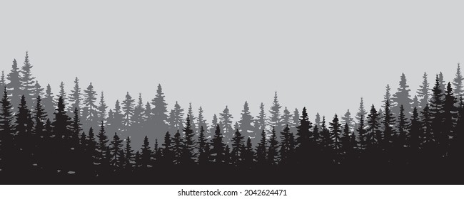 Mist valley. Trees silhouette. Nature landscape. Environment background. Decor art. Vector illustration. Stock image.