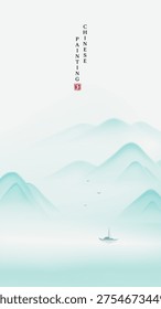 Mist veils mountain ridges in soft, fading hues. Solitary boat drifts near the horizon's edge. Vertical calligraphy adds quiet, ancient elegance. Peaceful stillness whispers through mist and water