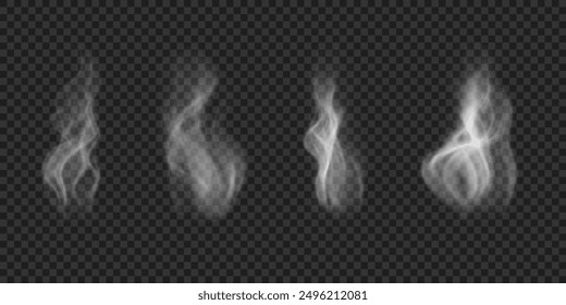 Mist wavy cloud, hot food steam, cigarette vapor. Set of vector icons isolated on transparent backdrop