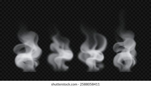 Mist wavy vapor, hot food steam, hookah smoke. Set of vector realistic smoke isolated on transparent background