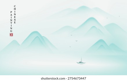 Mist wraps soft peaks in serene shades of blue and white. Lone boat drifts gently through tranquil waters. Silent hills rise in gentle curves, fading into haze