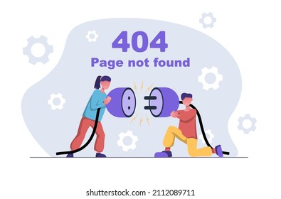 Mistake: 404 page not found. A woman and a man holding a disconnected cable.