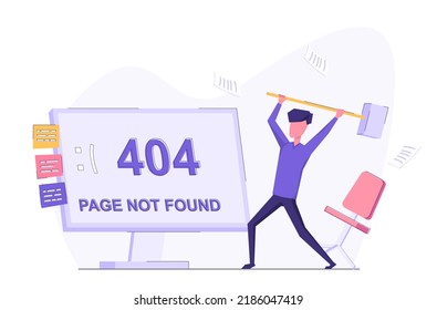 Mistake 404. Page not found. A man with a hammer tries to smash a screen