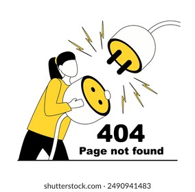 Error: 404 página no encontrada. Una mujer sosteniendo un cable desconectado.