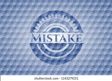 Mistake blue emblem with geometric pattern background.