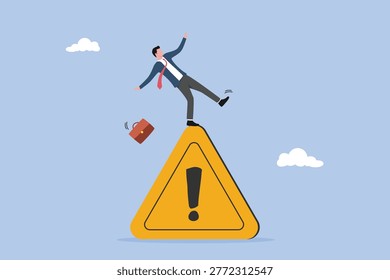 Mistake caution, cautious businessman slip falling on exclamation symbol beware, failure prevention or avoid danger concept, careful caution sign business risk or problem warning.