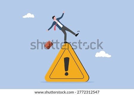 Mistake caution, cautious businessman slip falling on exclamation symbol beware, failure prevention or avoid danger concept, careful caution sign business risk or problem warning.