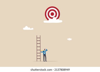 Mistake and error causing business problem and missing goal, disappointment or mission fail, hopeless on unreachable target concept, hopelessness businessman with too short ladder cannot reach target.