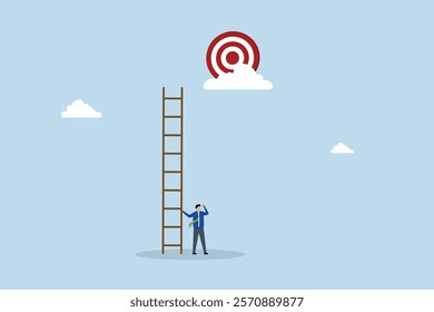 Mistake and error causing business problem and missing goal, despairing entrepreneur with an inadequate ladder cannot achieve goal. 