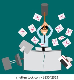 Mistake hard work. Angry businessman and Paper scattered. Vector flat style
