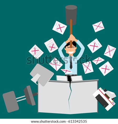 Mistake hard work. Angry businessman and Paper scattered. Vector flat style