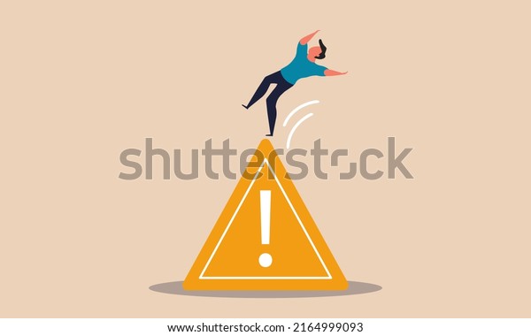 Mistake risk failure business and critical\
error problem. Service accident and beware fail vector illustration\
concept. Attention fall sign and pain alert to businessman.\
Exclamation important