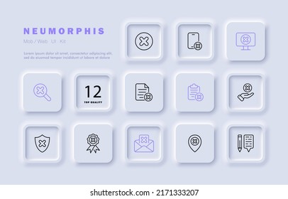 Mistake set icon. Red cross, checked, undone, monitor, pointer, clipboard, confirmed, unrecommended, Rejected, canceled, error. Checkmark concept. Neomorphism style. Vector line icon for Business