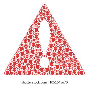 Mistake Triangle Sign mosaic constructed of daemon head icons. Vector daemon head elements are composed into geometric notice sign composition.