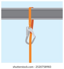 Fehler bei der Befestigung des Karosseriehakens als persönliche Schutzausrüstung bei Arbeiten in Industrie und Bauwesen. Befestigungspunkt der Sicherheitsausrüstung, einzelne Vektorgrafik.
