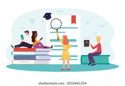 Mistakes in Paper Test concept. Characters with a magnifying glass correct errors in a text document. Students read books. Cartoon modern flat vector illustration isolated on a white background
