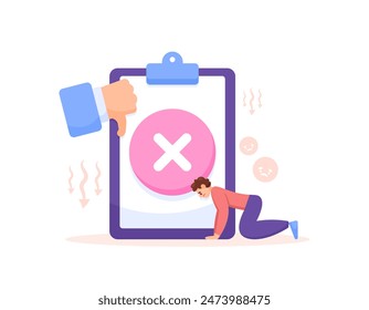 mistakes in work. the work results are incorrect and rejected. illustration of a man who is sad and gloomy because he failed to complete his assignment. illustration concept design. graphic elements