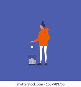 Mistakes at work. Young female character throwing out a ball of paper. Recycling. Flat vector illustration, clip art
