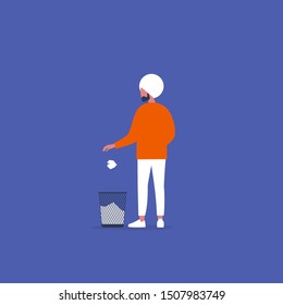 Mistakes at work. Young indian male character throwing out a ball of paper. Recycling. Flat vector illustration, clip art