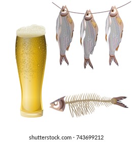 Misted glass of light beer with dried fish. Vector illustration isolated on white background