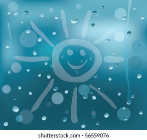 The misted over glass with water drops on which the sun is drawn