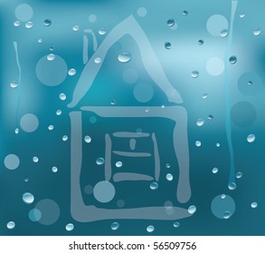 The misted over window with water drops on which the house is drawn