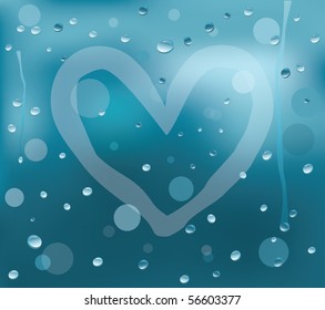 The misted over window with water drops on which the Heart is drawn