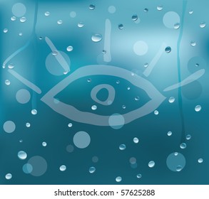 The misted over window with water drops on which the Eye is drawn